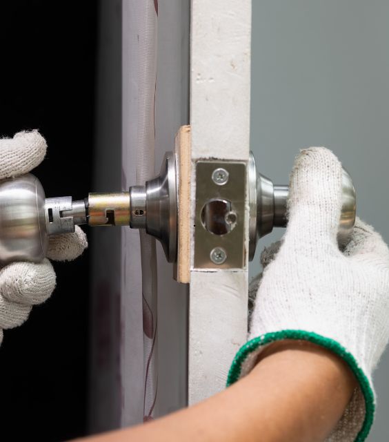 Close up of businessman hand entering security system code.